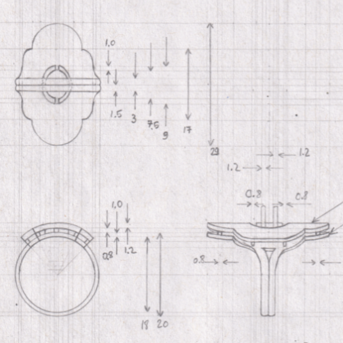 The technical drawing of a ring, with measurements and annotations. Made by Casez Jewellery.